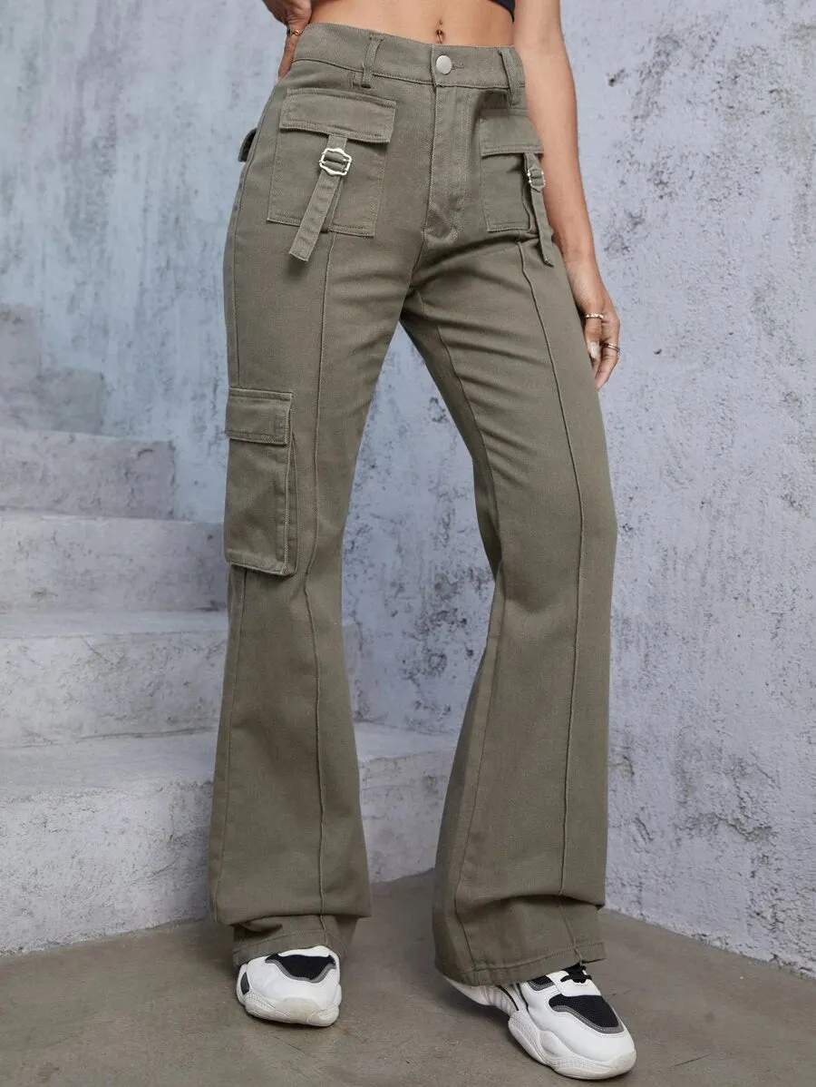 Flap Pocket Trendy Wide Leg Jeans
