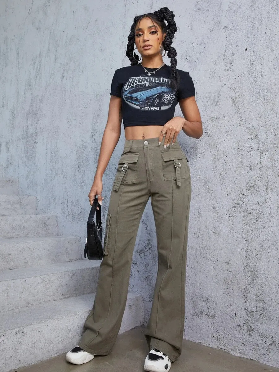 Flap Pocket Trendy Wide Leg Jeans
