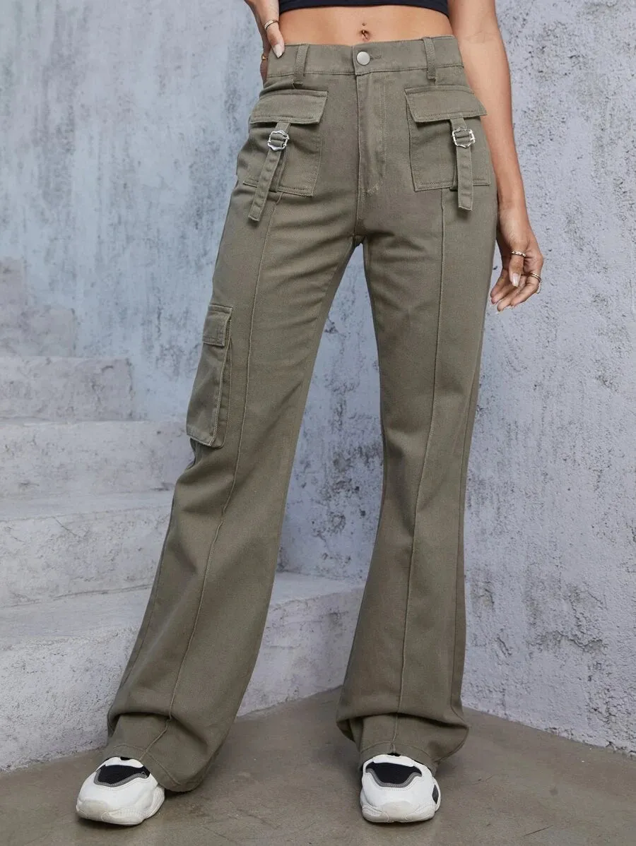 Flap Pocket Trendy Wide Leg Jeans