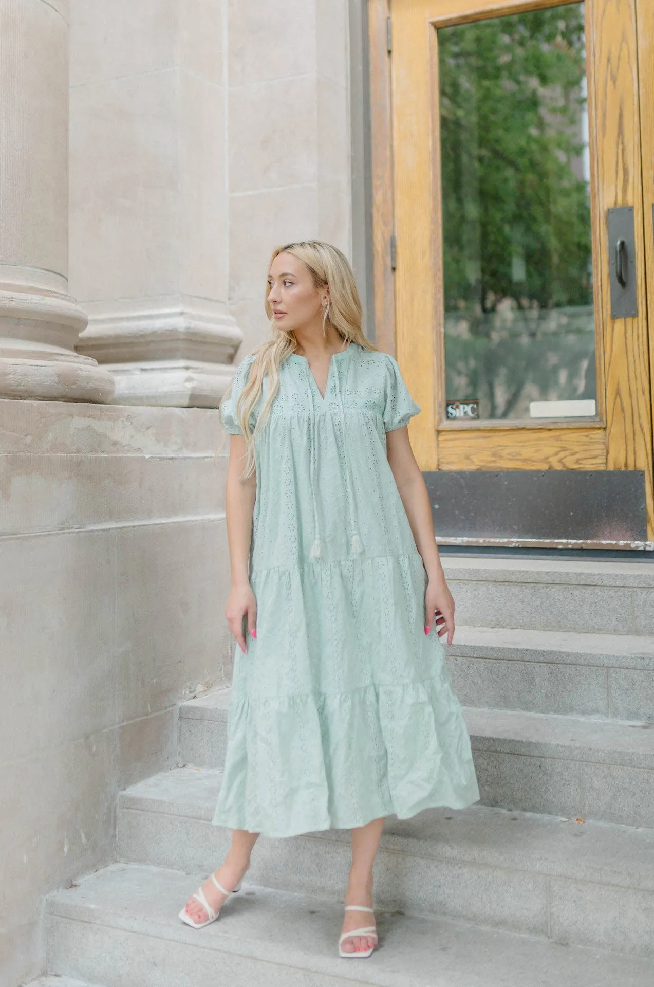 Gineva Eyelet Midi Dress - Seafoam Mint