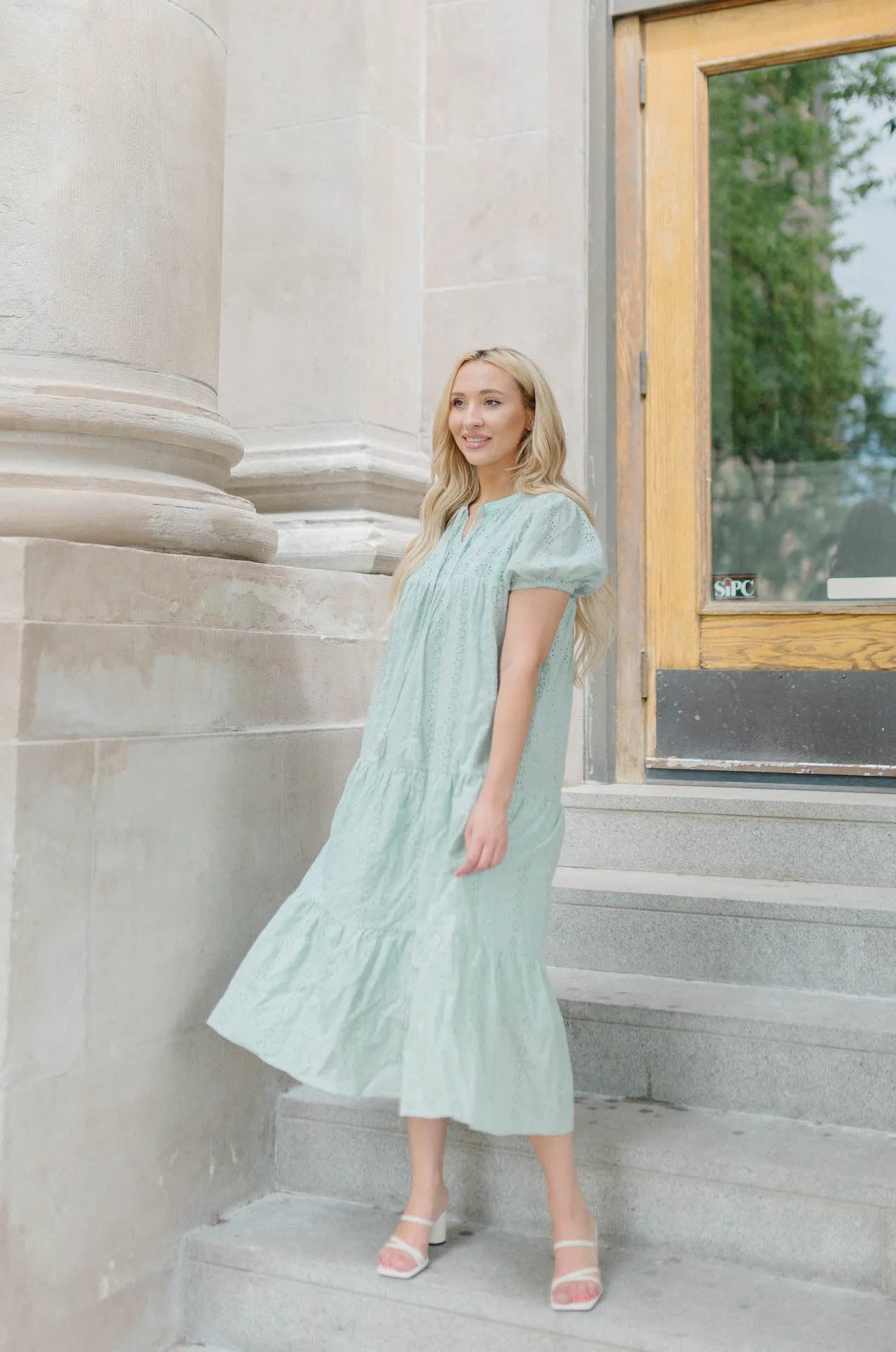Gineva Eyelet Midi Dress - Seafoam Mint