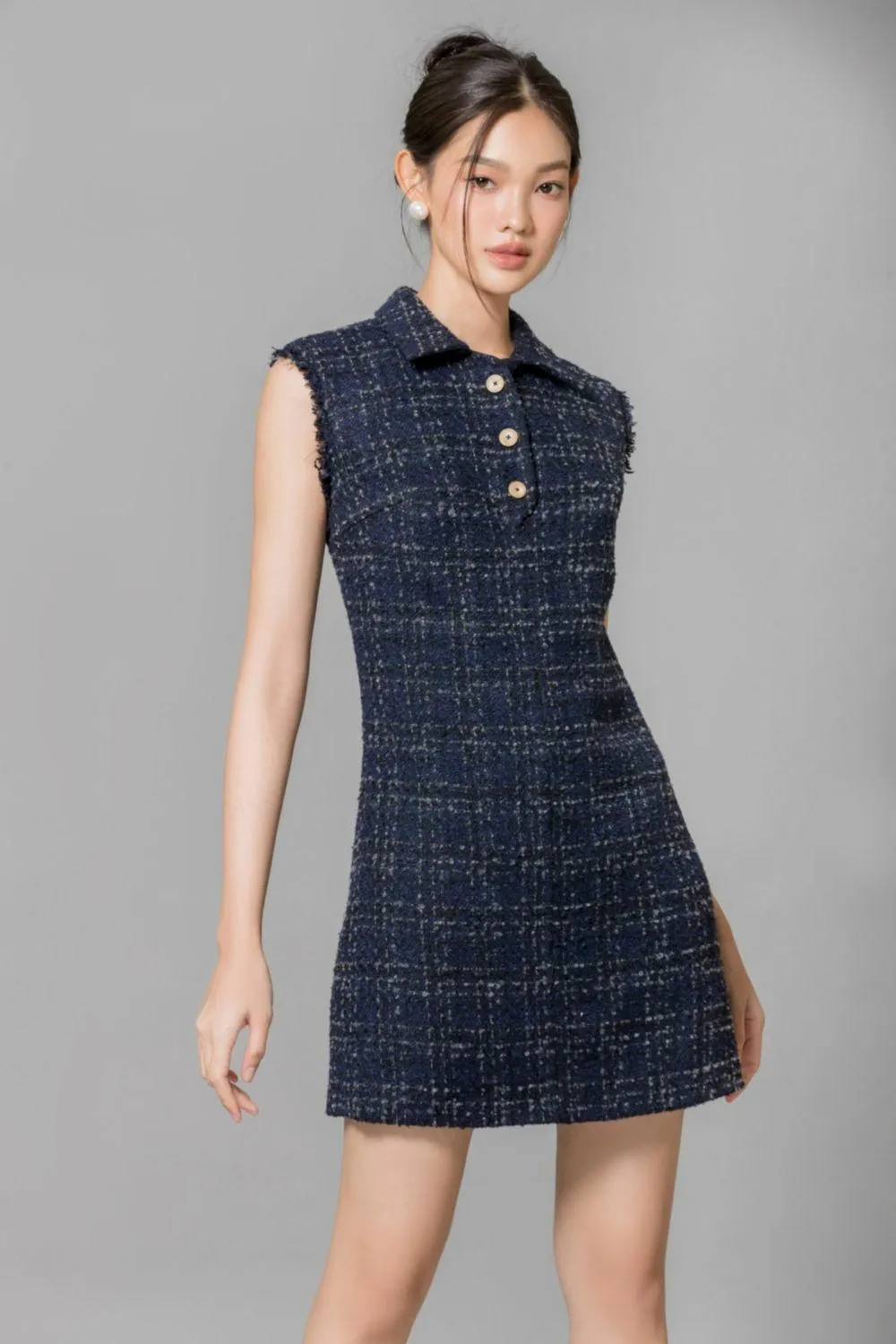 Goldie A-line Sleeveless Tweed Mini Dress