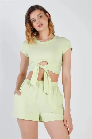 Green Cut-Out Detail Self-Tie Hem Short Sleeve Crop Top & High Waist Short Set /2-2