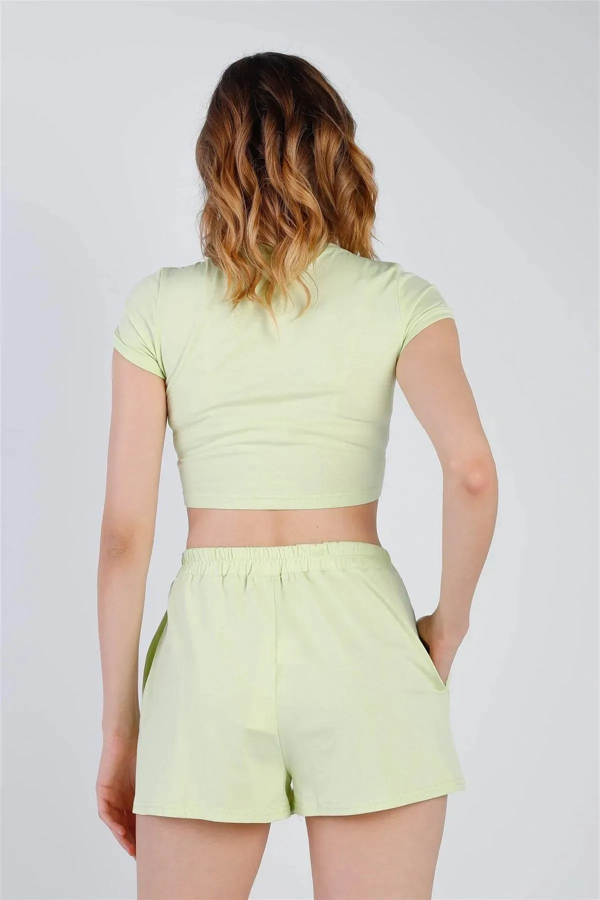 Green Cut-Out Detail Self-Tie Hem Short Sleeve Crop Top & High Waist Short Set /2-2
