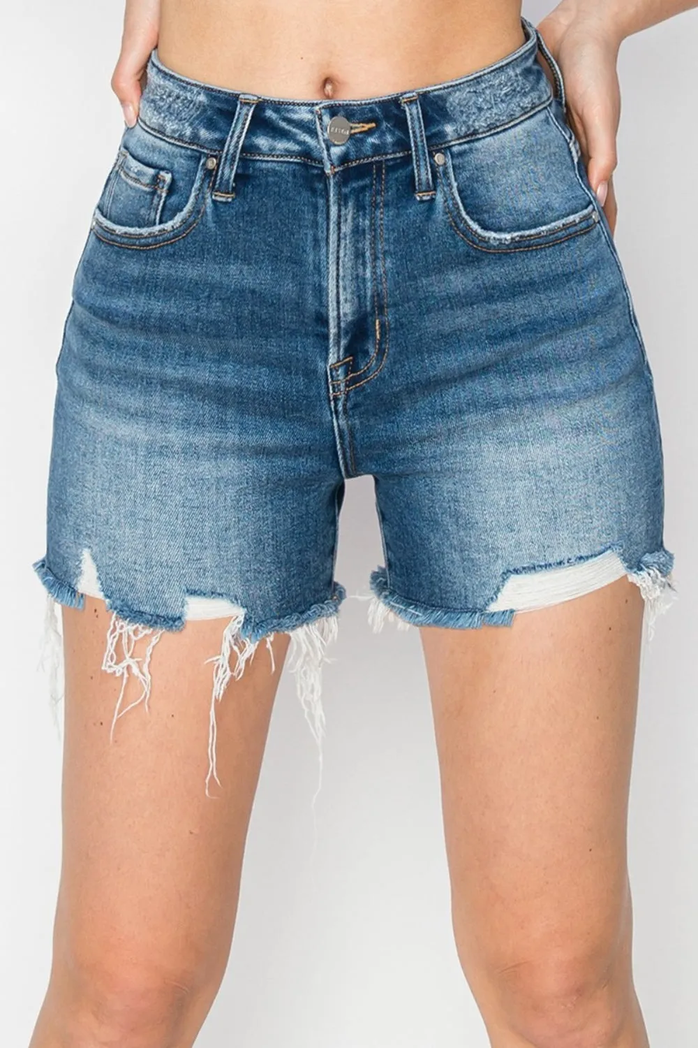 Hazel Blues® |  RISEN High Rise Raw Hem Distressed Denim Shorts