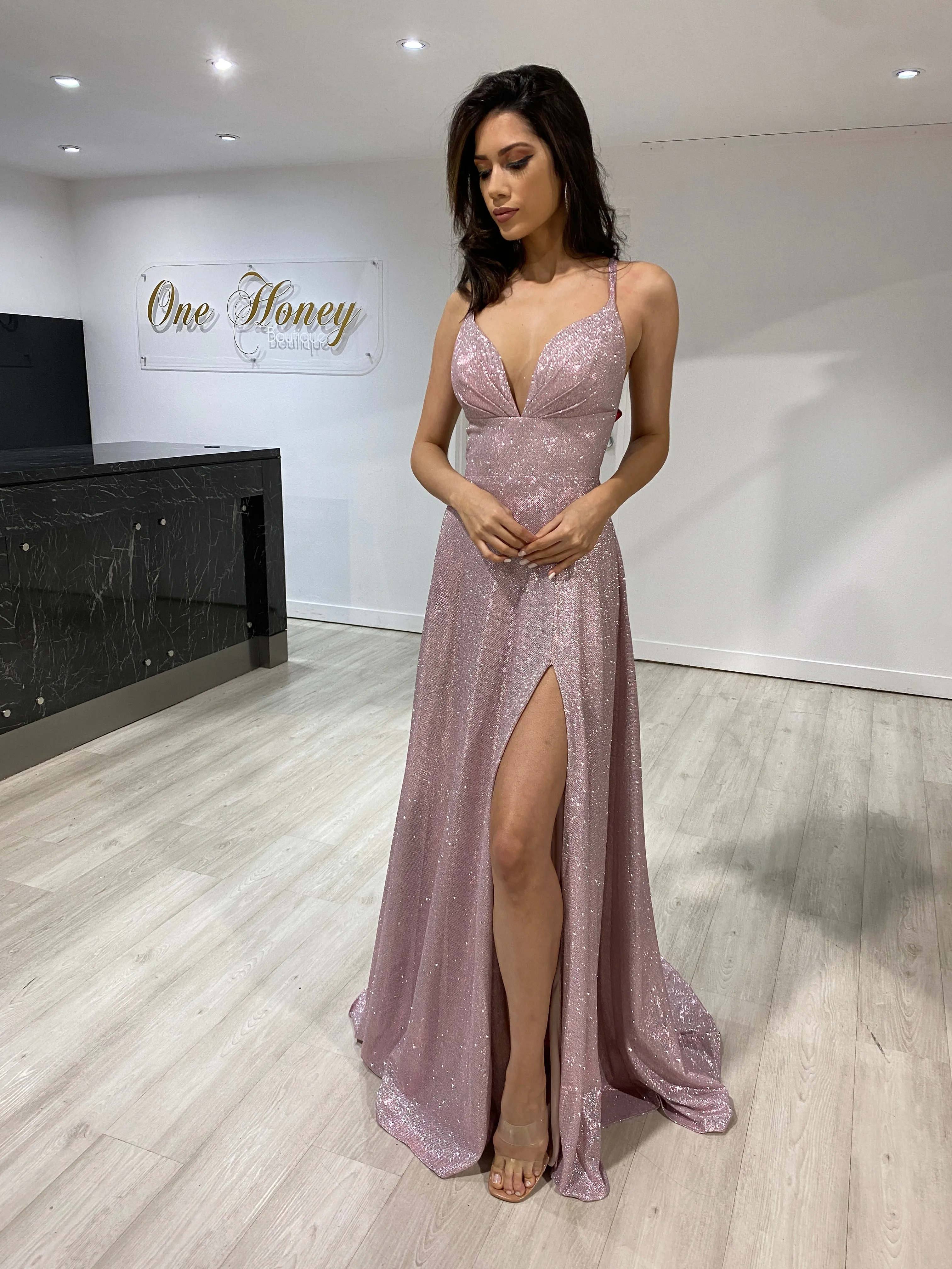 HOLLIE A Line Glitter Effect Formal Dress