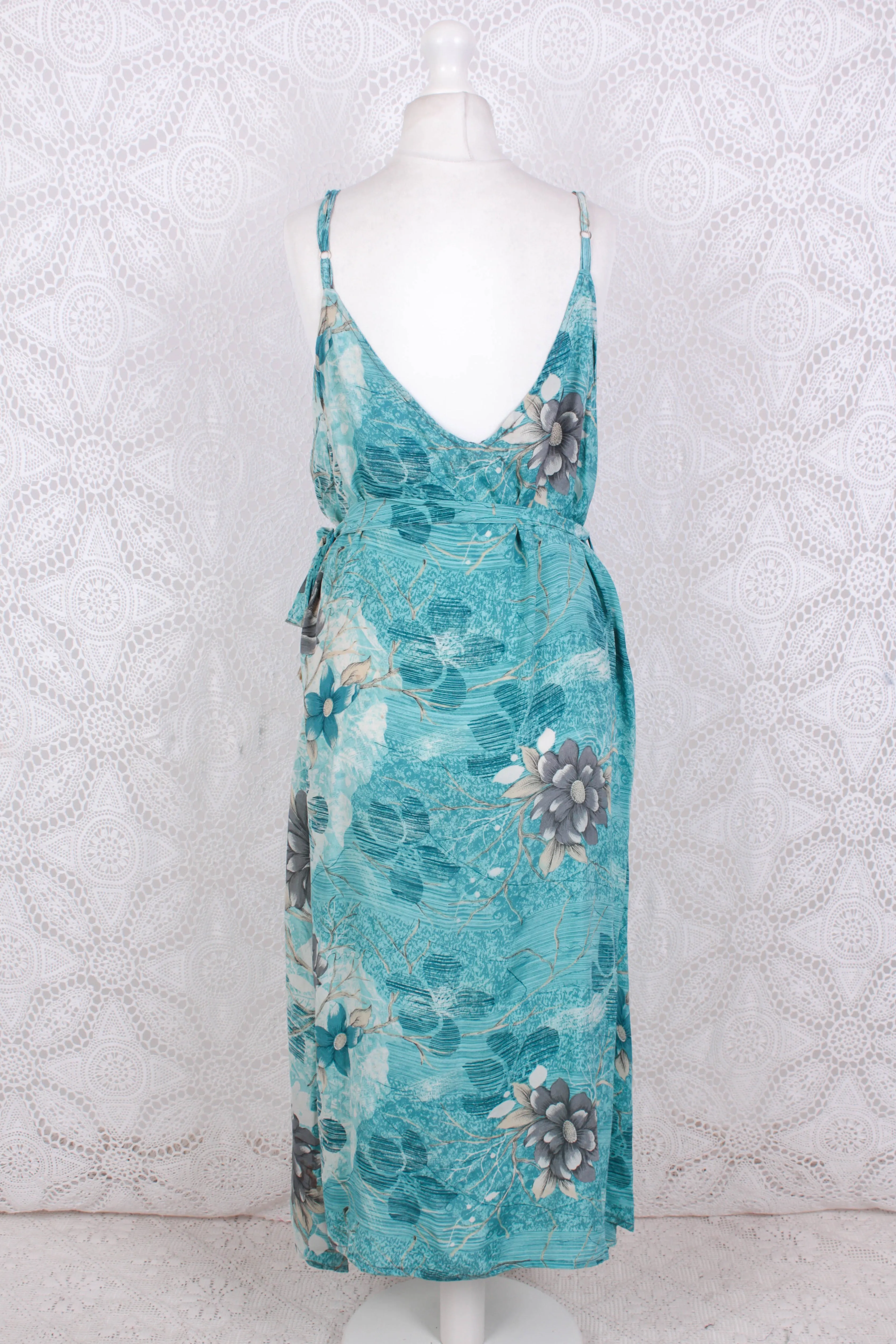 Jamie Dress - Indian Sari Slip Dress - Turquoise & Aqua Floral - Size M/L