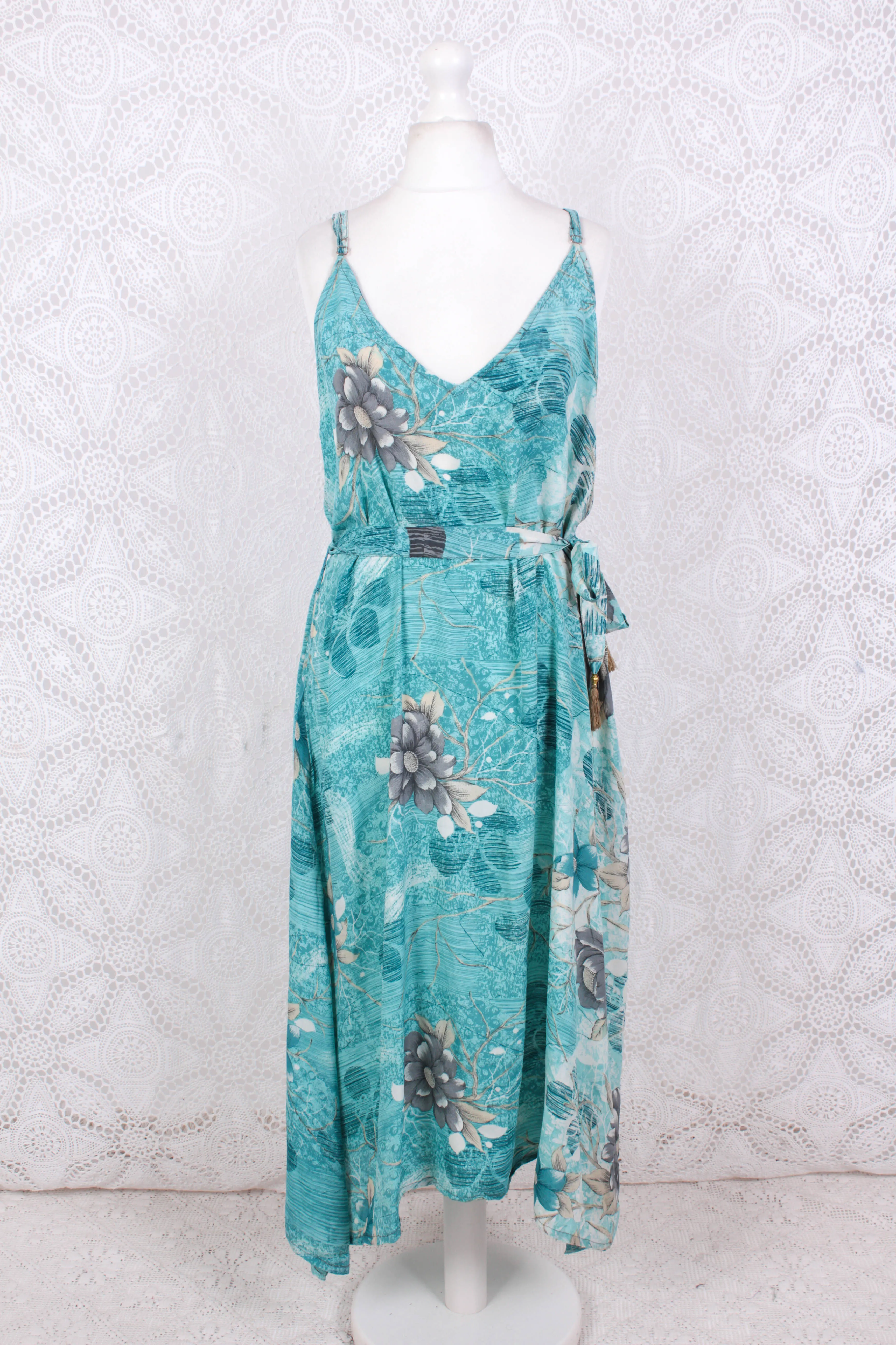 Jamie Dress - Indian Sari Slip Dress - Turquoise & Aqua Floral - Size M/L