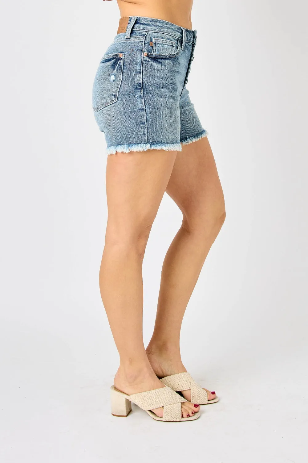 Judy Blue Button Fly Raw Hem Denim Shorts Style 150206