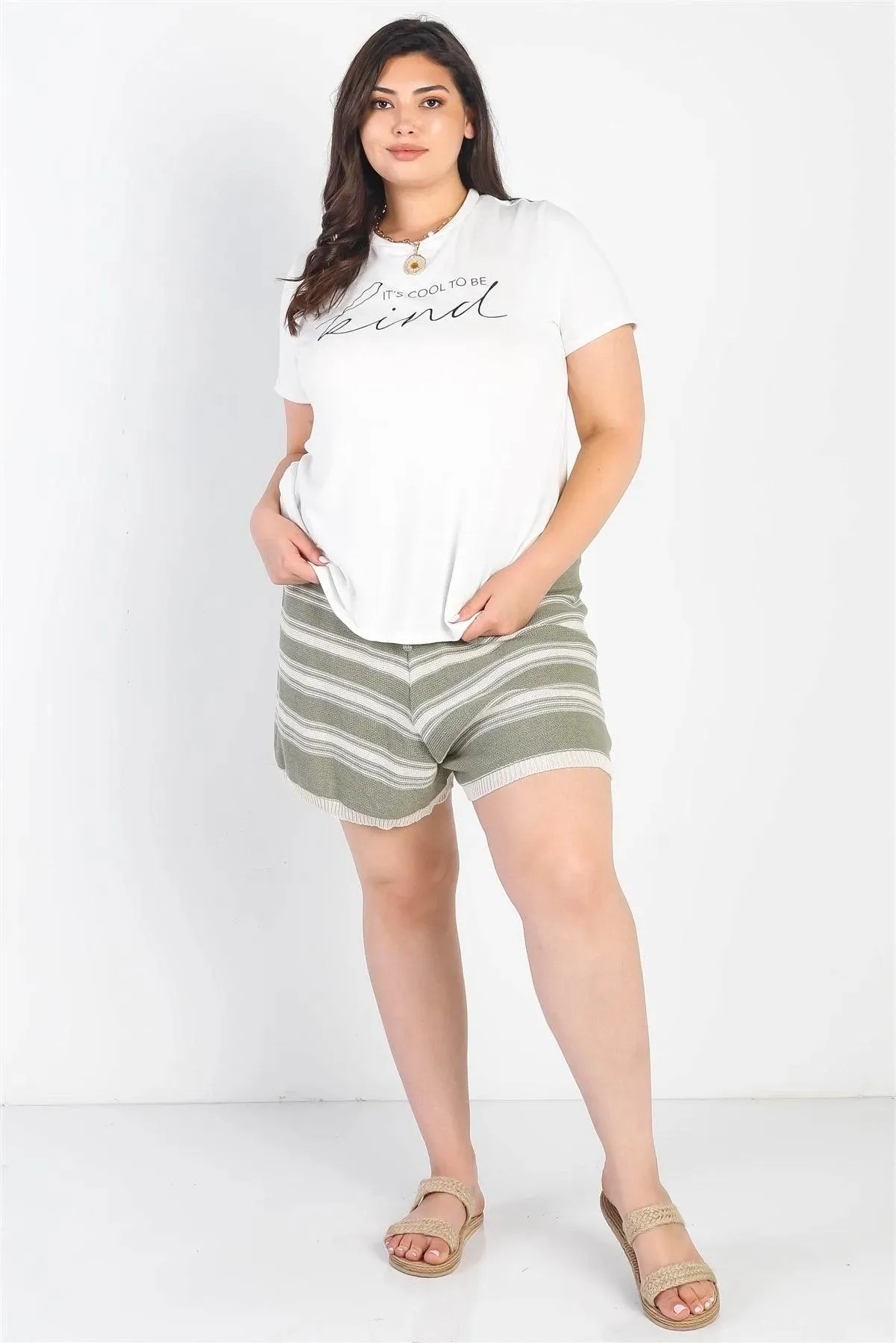 Junior Plus Olive Knit Striped High Waist Shorts /2-1