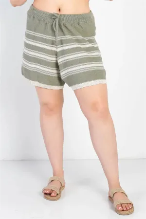 Junior Plus Olive Knit Striped High Waist Shorts /2-1