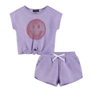 Kids (2-6) Girls Tie-Front Top & Short Set | Purple Smiley Face