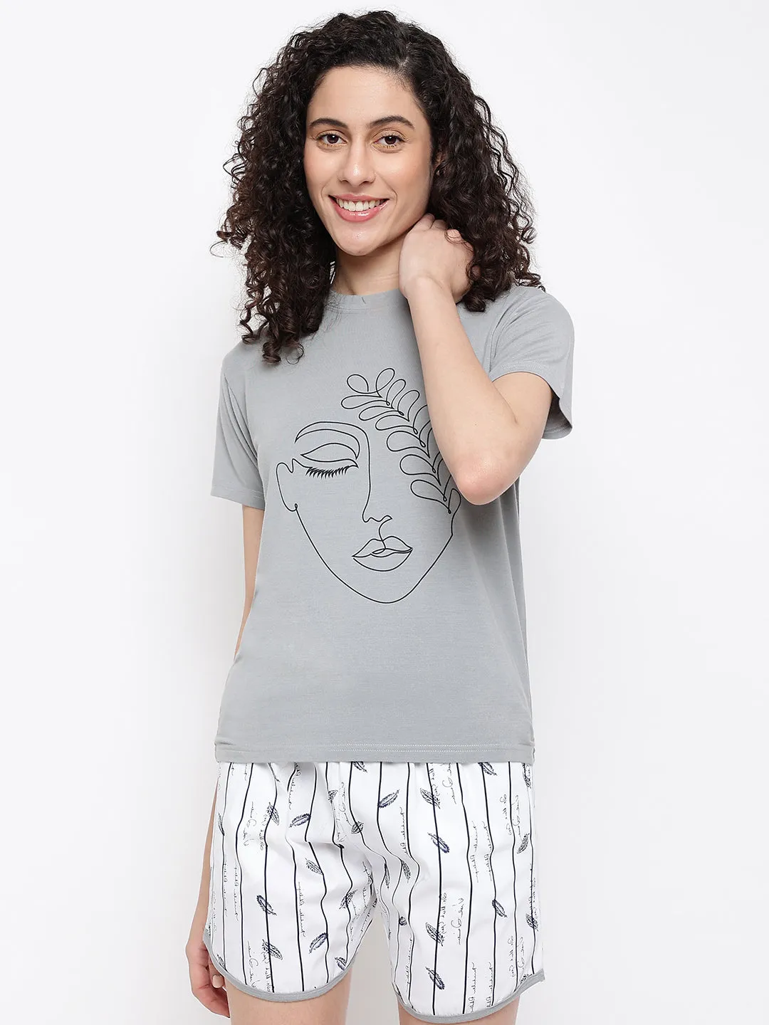 La Intimo Feather Free Print Shorts & Grey T-Shirt Set
