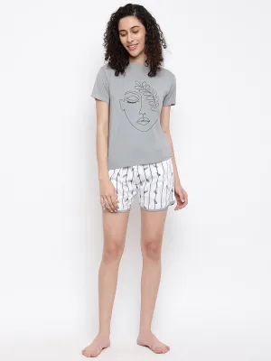 La Intimo Feather Free Print Shorts & Grey T-Shirt Set