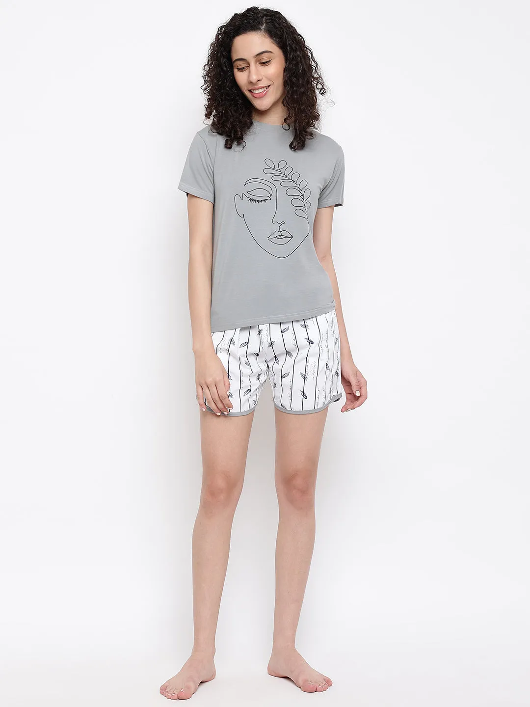 La Intimo Feather Free Print Shorts & Grey T-Shirt Set