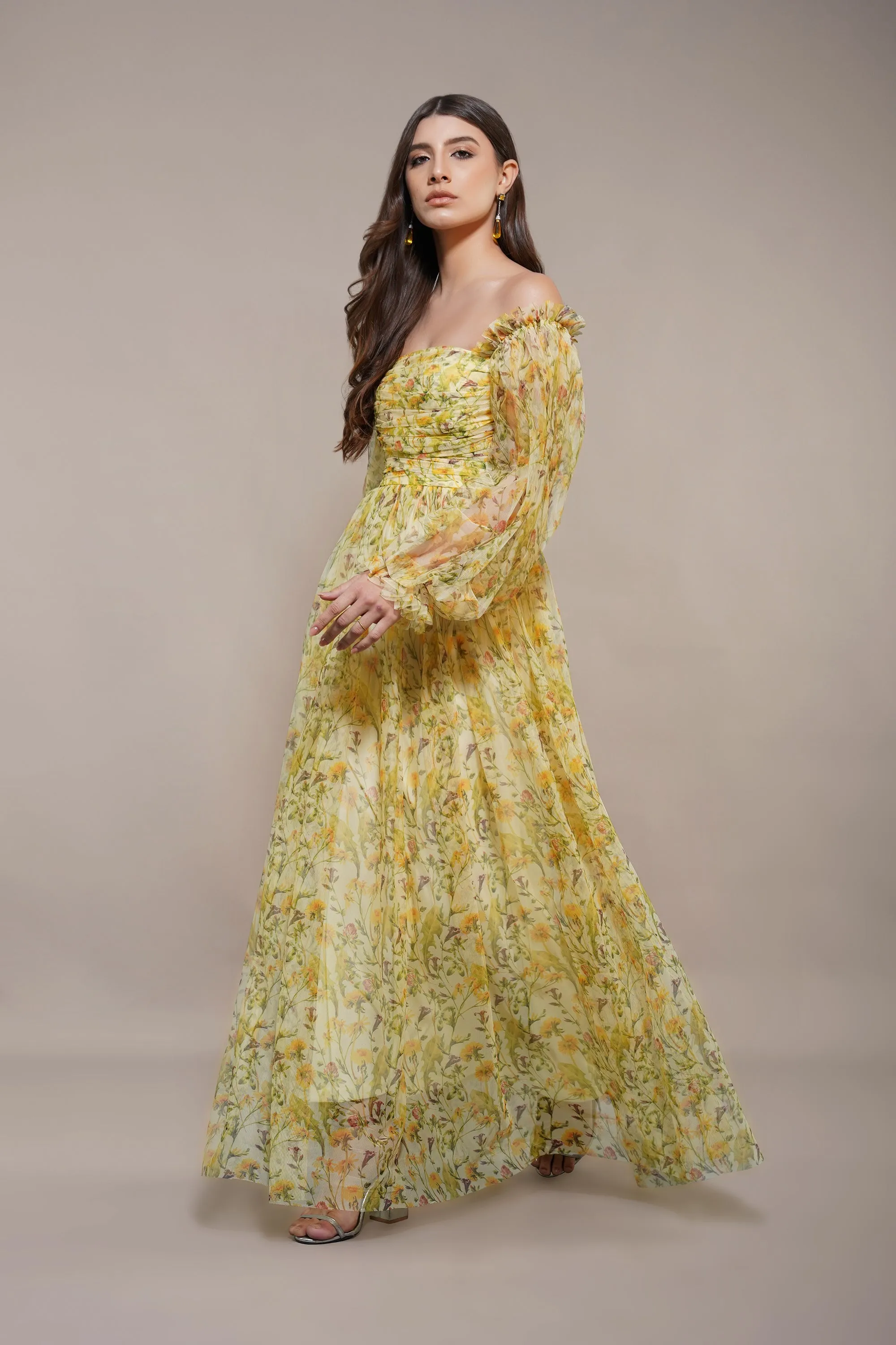 Lana Yellow Printed Tulle Maxi Dress