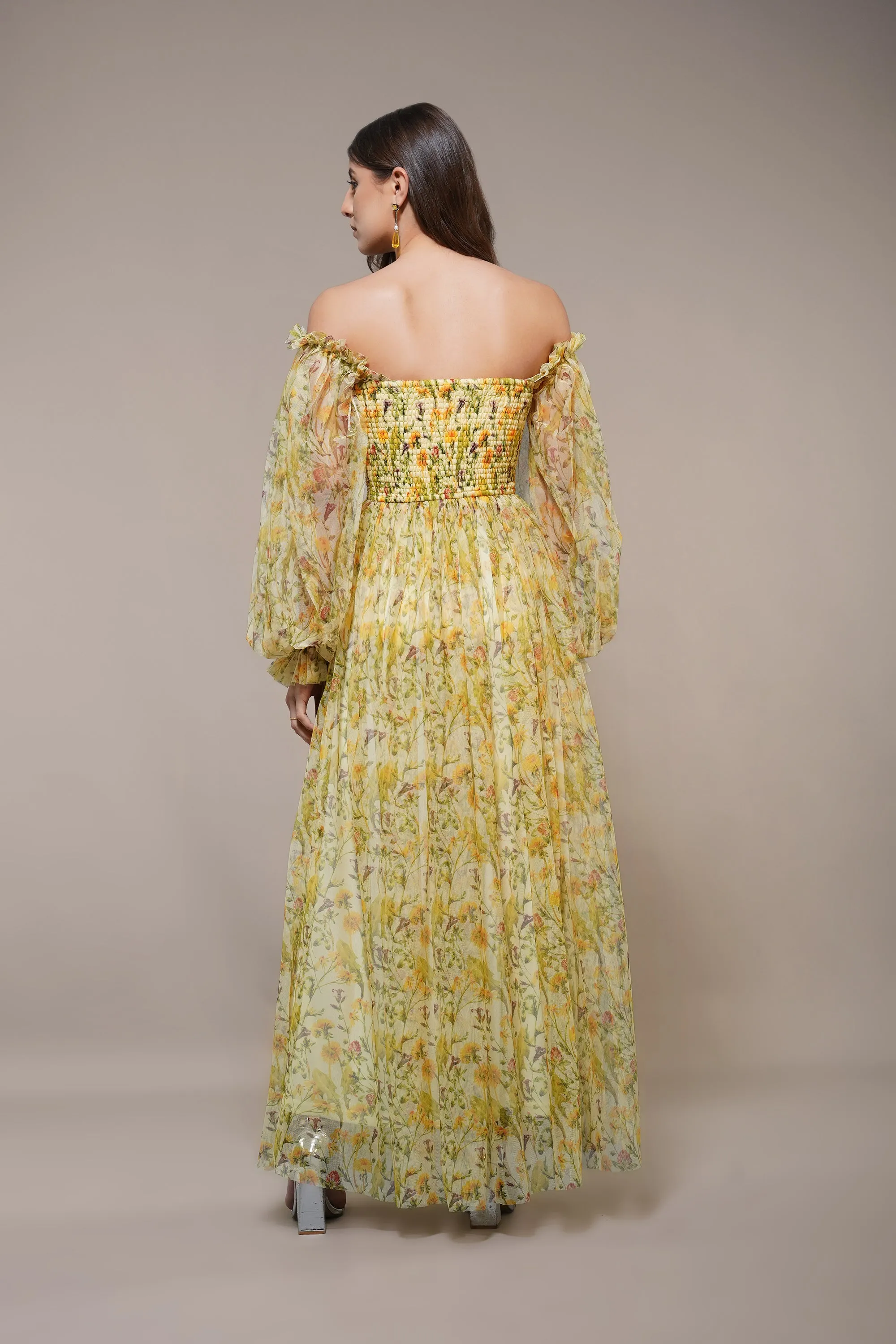 Lana Yellow Printed Tulle Maxi Dress