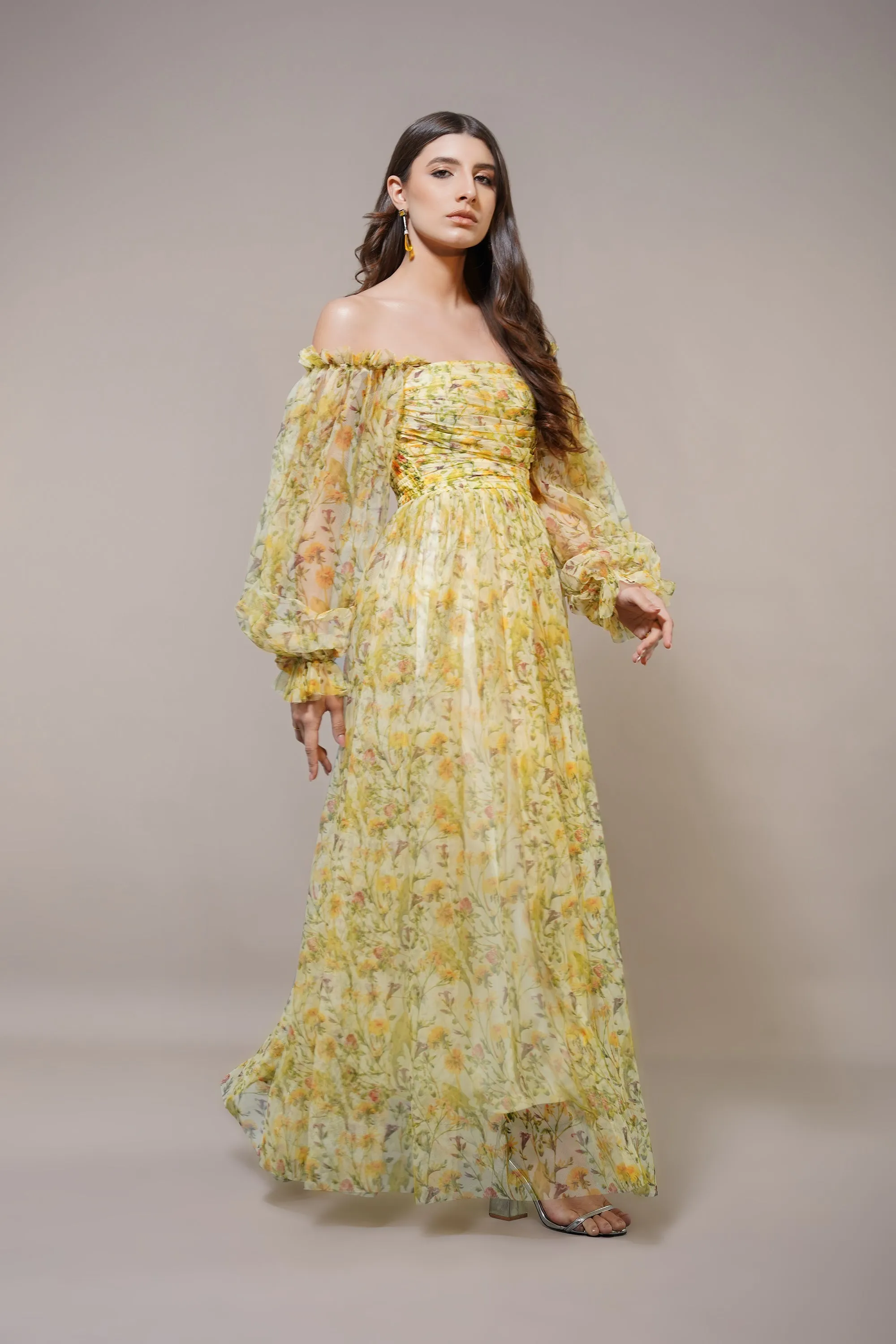 Lana Yellow Printed Tulle Maxi Dress