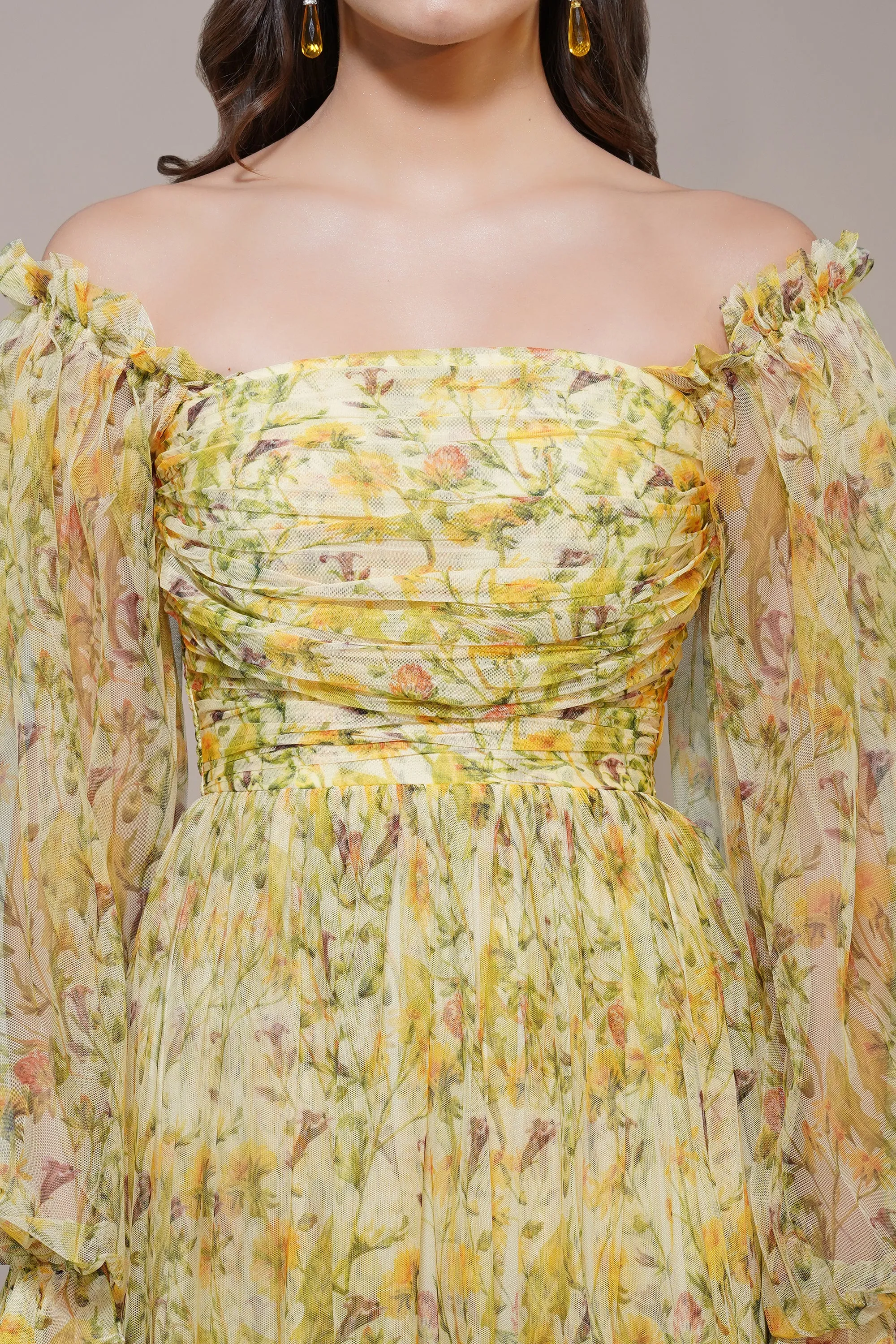 Lana Yellow Printed Tulle Maxi Dress