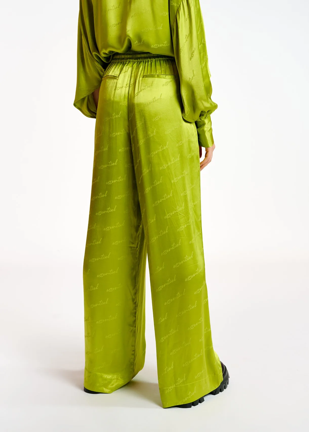 Lime green satin jacquard wide-leg pants