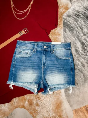 Maycie mid-rise raw hem denim shorts
