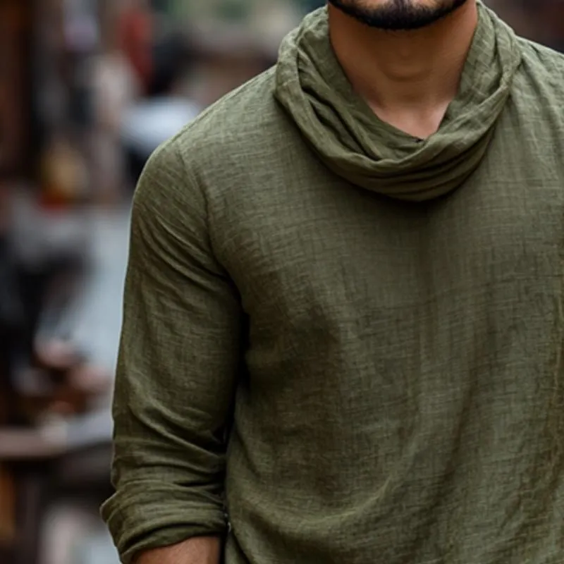 Men's Retro Casual Cotton and Linen Round Neck Long Sleeve Shirt 02105024TO