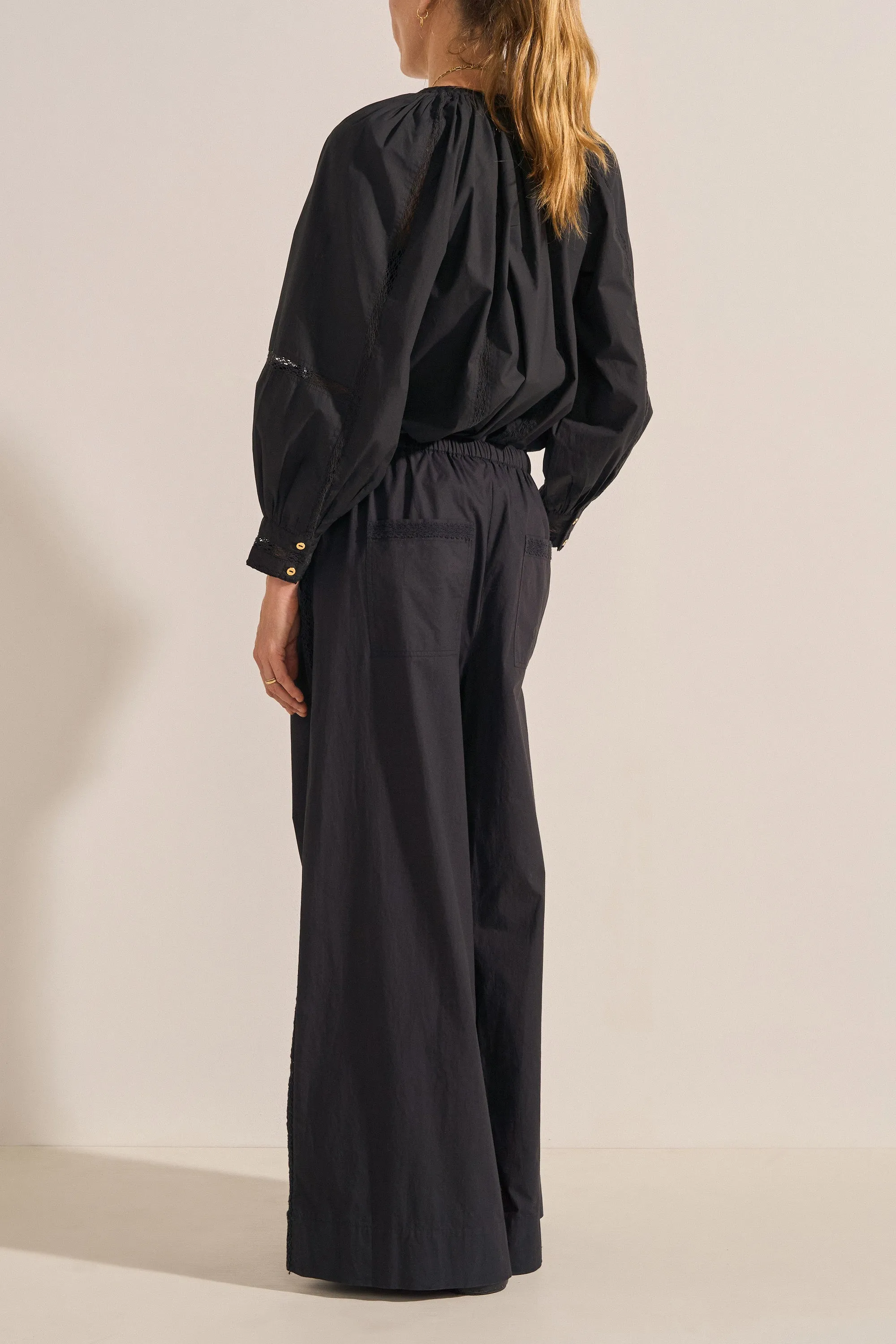 Pelias Black Crochet Poplin Pants