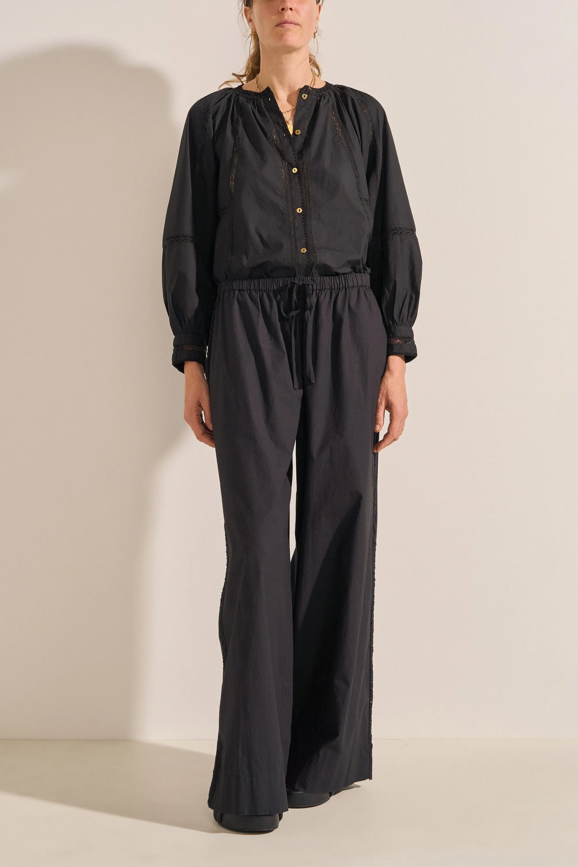 Pelias Black Crochet Poplin Pants
