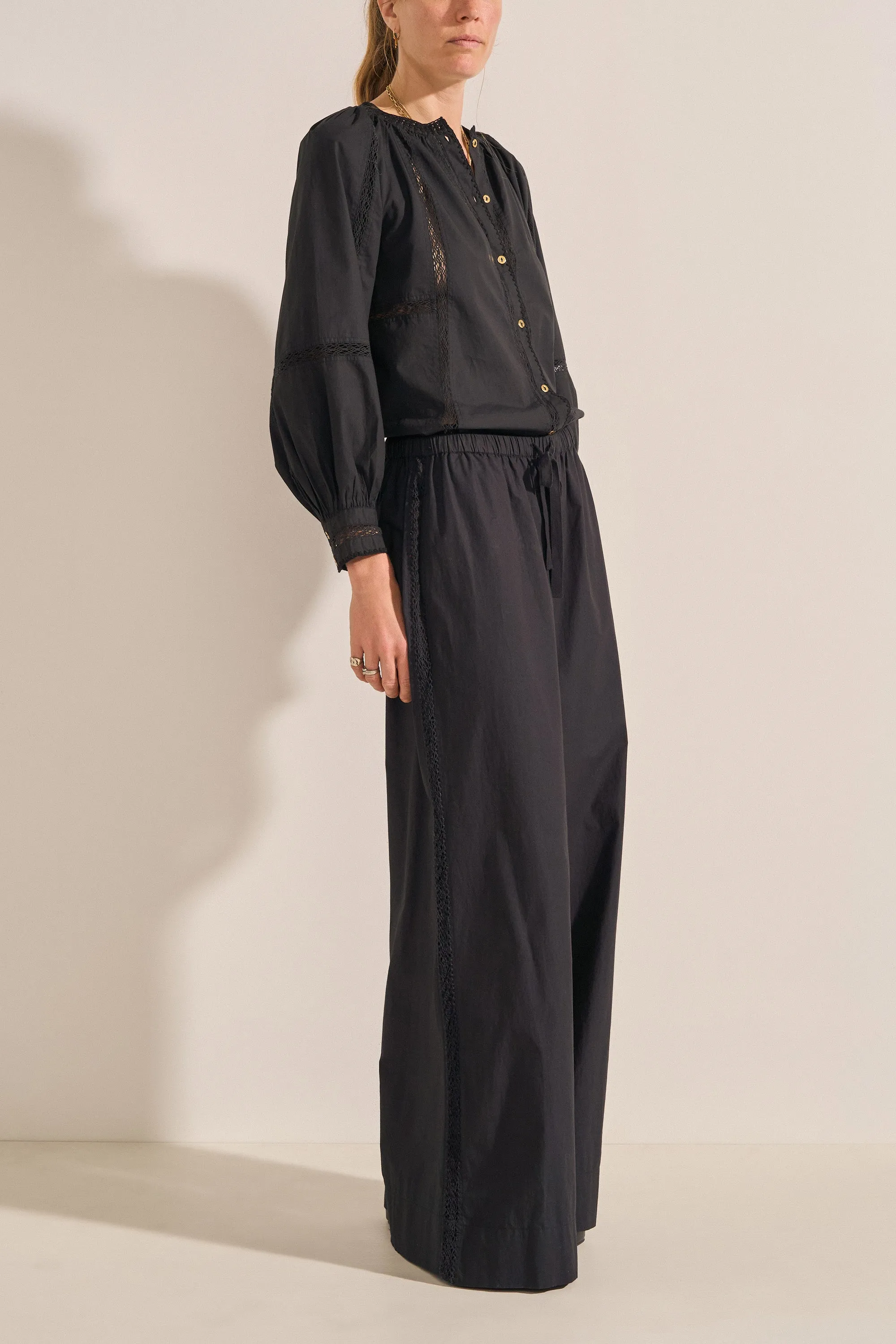 Pelias Black Crochet Poplin Pants