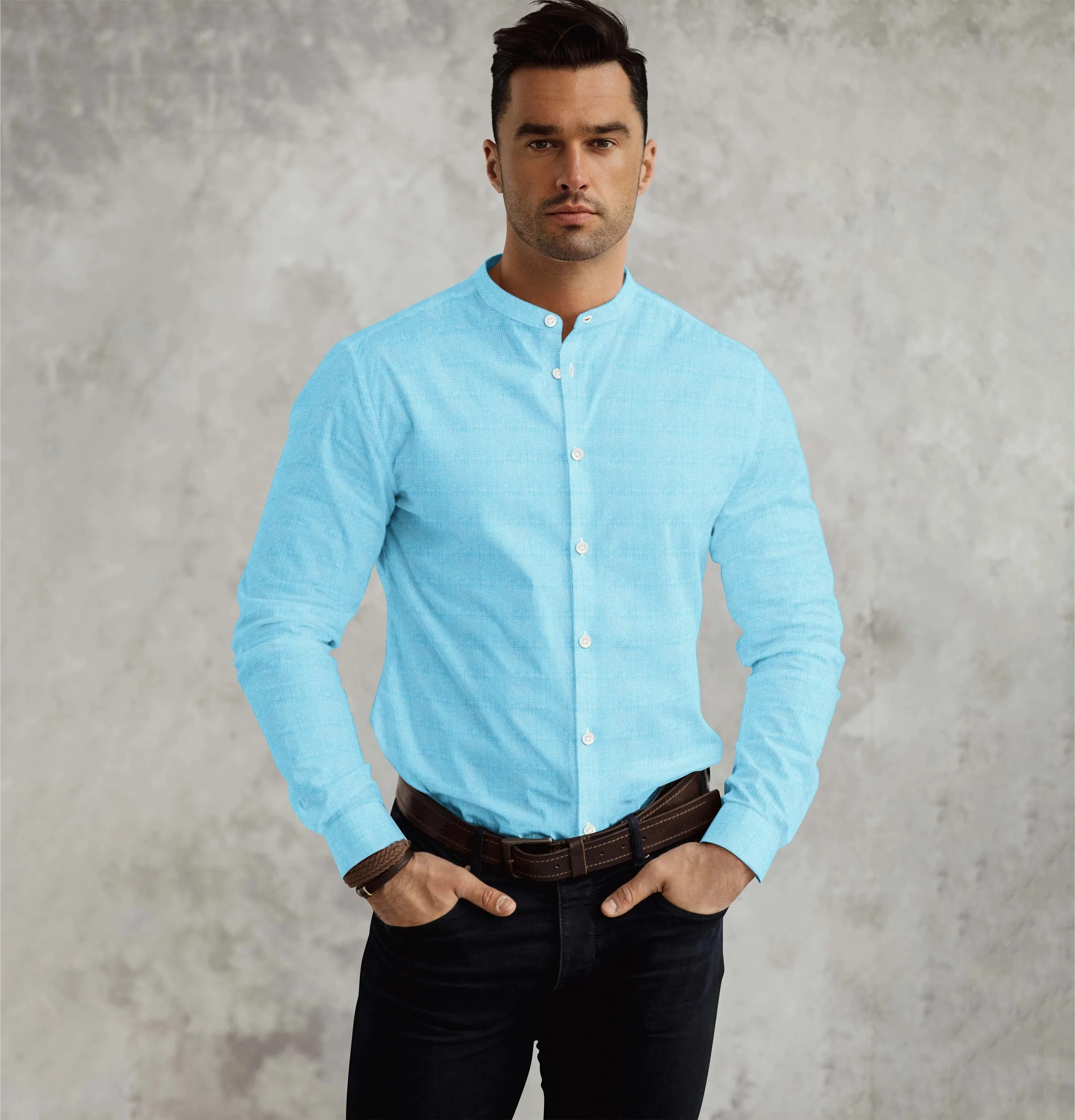 Pure Linen - Band Collar - Aqua