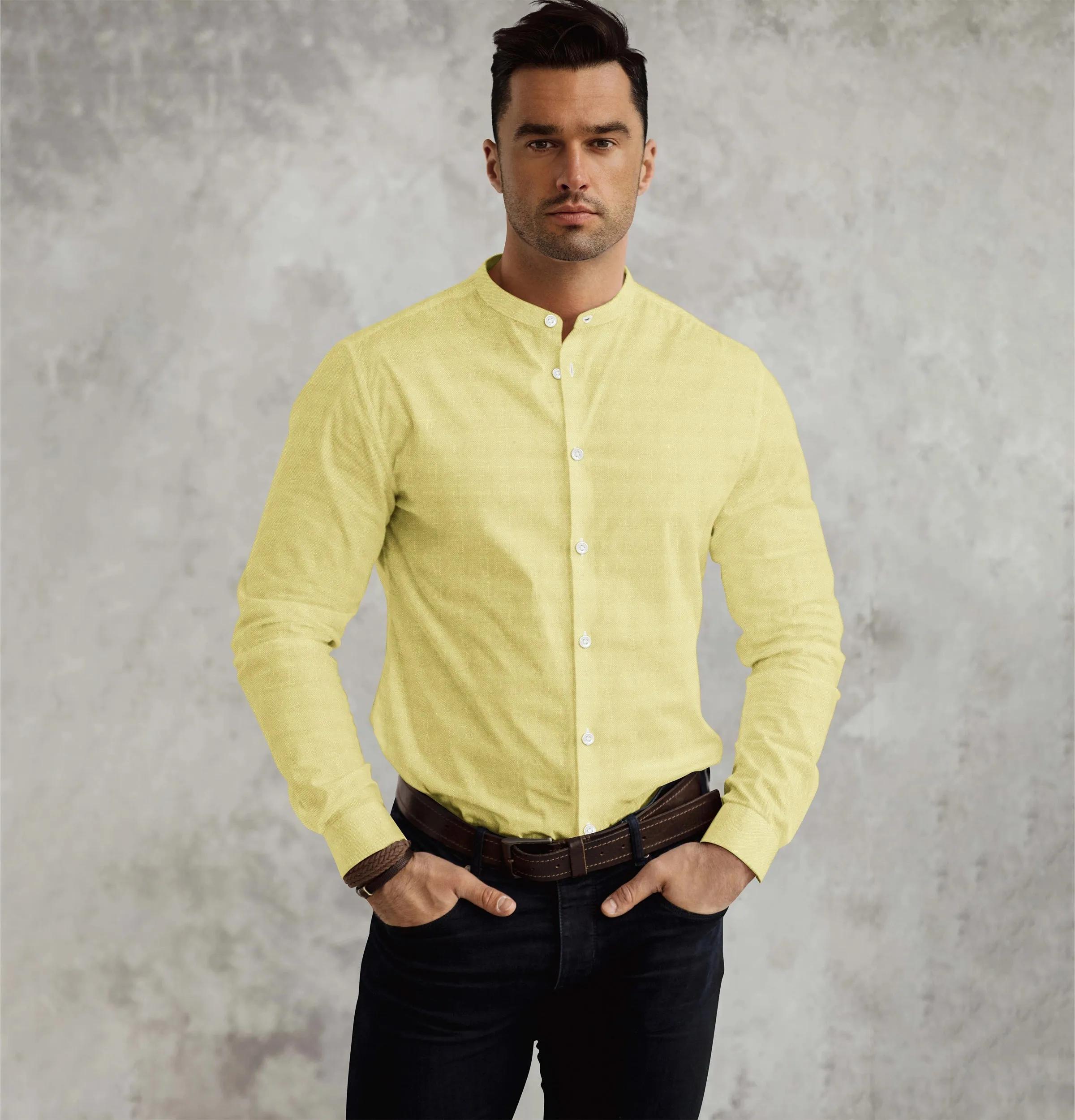 Pure Linen - Band Collar - Light Yellow