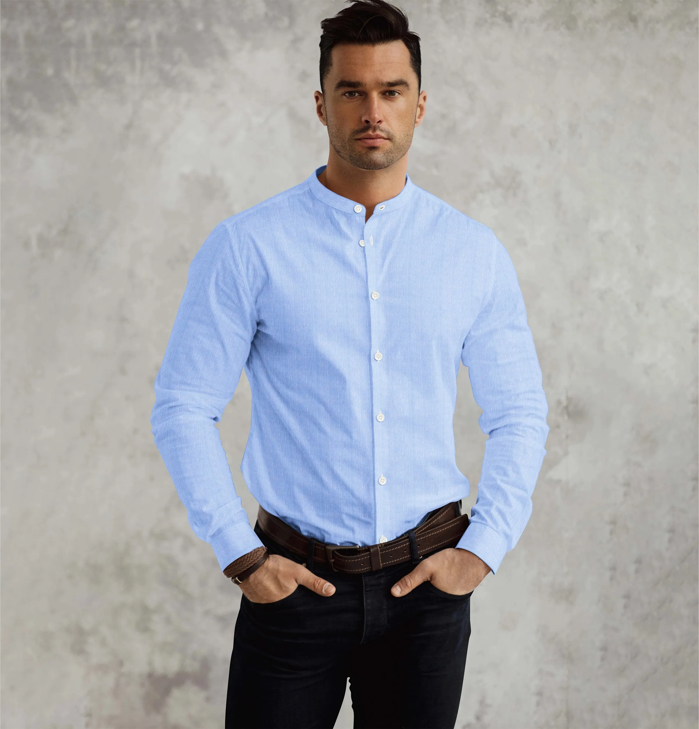 Pure Linen - Band Collar - Sky Blue