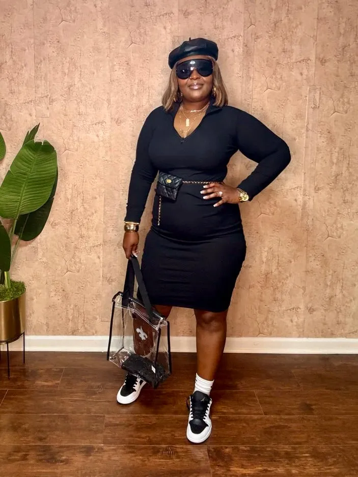QUARTER ZIP MIDI DRESS (Black)