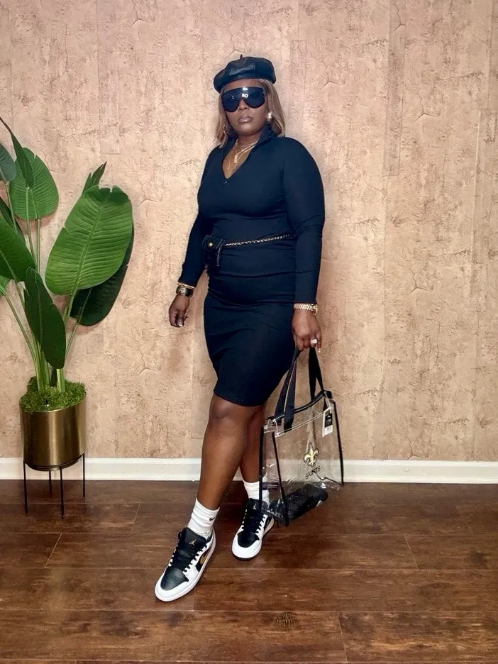 QUARTER ZIP MIDI DRESS (Black)