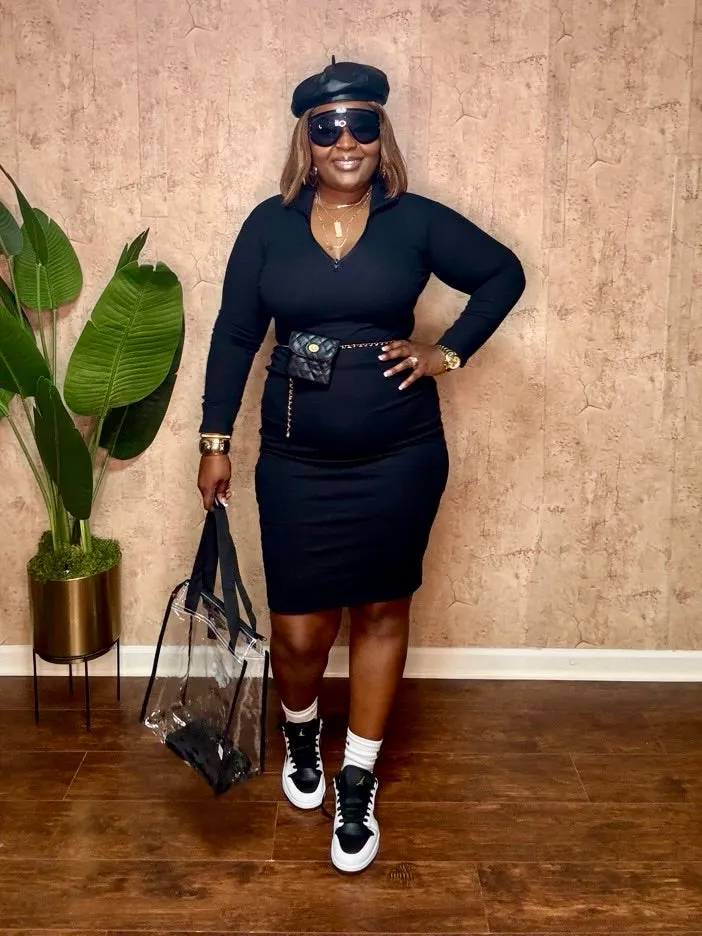 QUARTER ZIP MIDI DRESS (Black)