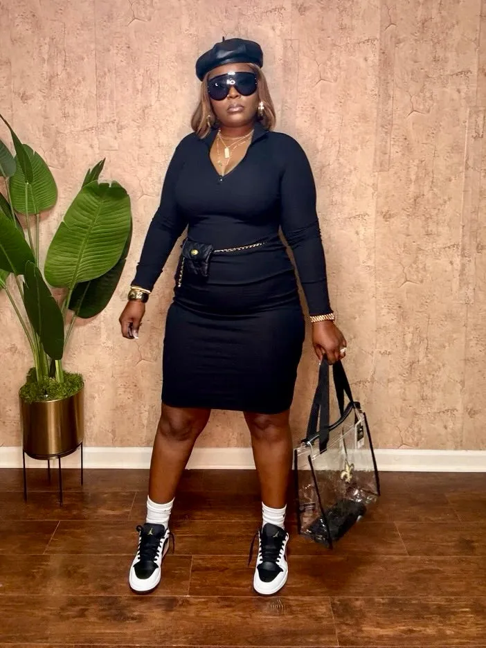 QUARTER ZIP MIDI DRESS (Black)