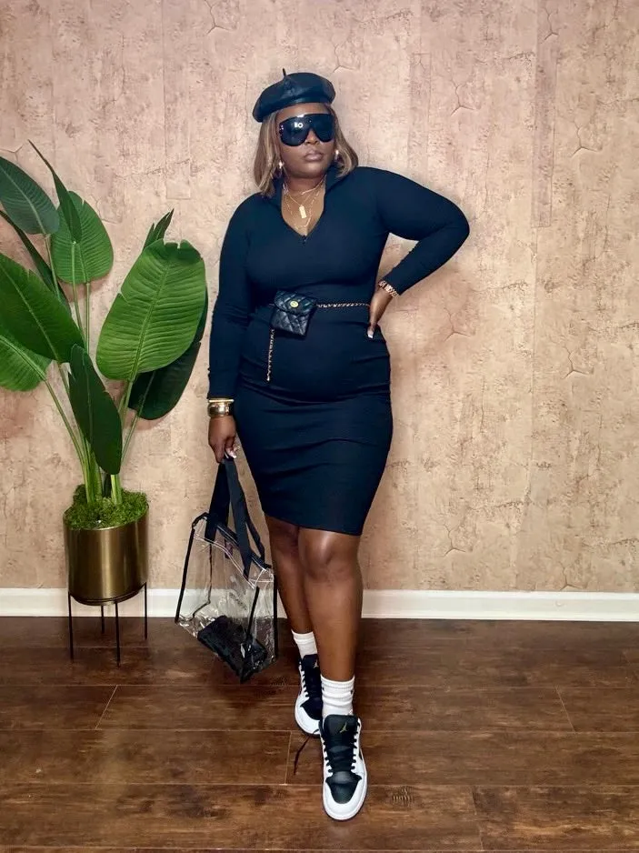 QUARTER ZIP MIDI DRESS (Black)