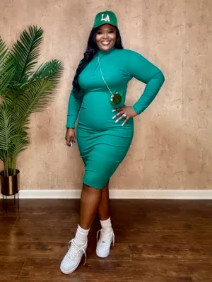 QUARTER ZIP MIDI DRESS (Green)