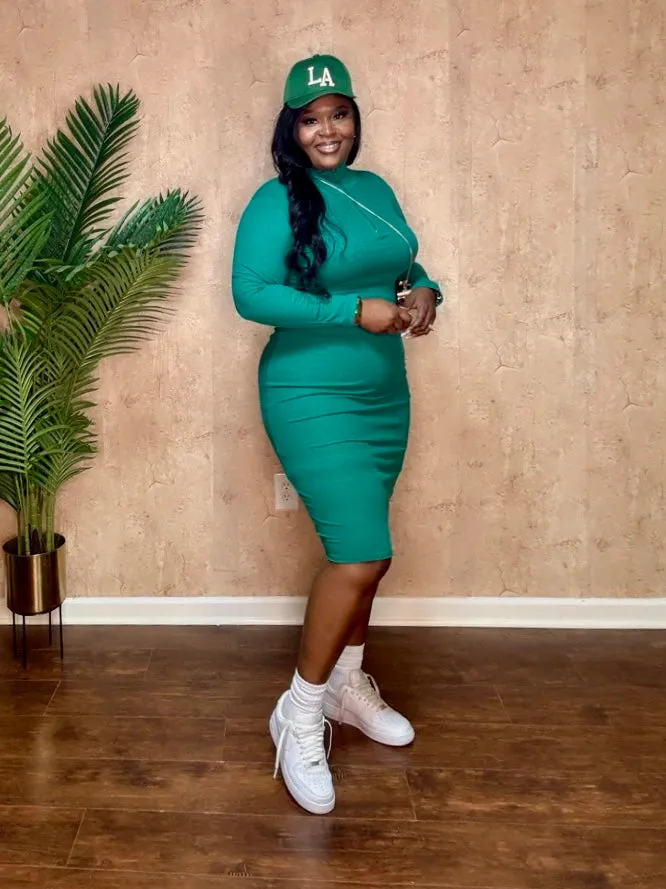 QUARTER ZIP MIDI DRESS (Green)