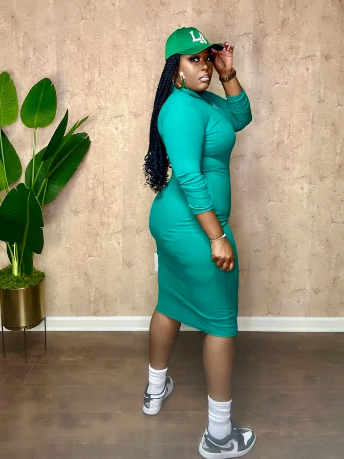 QUARTER ZIP MIDI DRESS (Green)