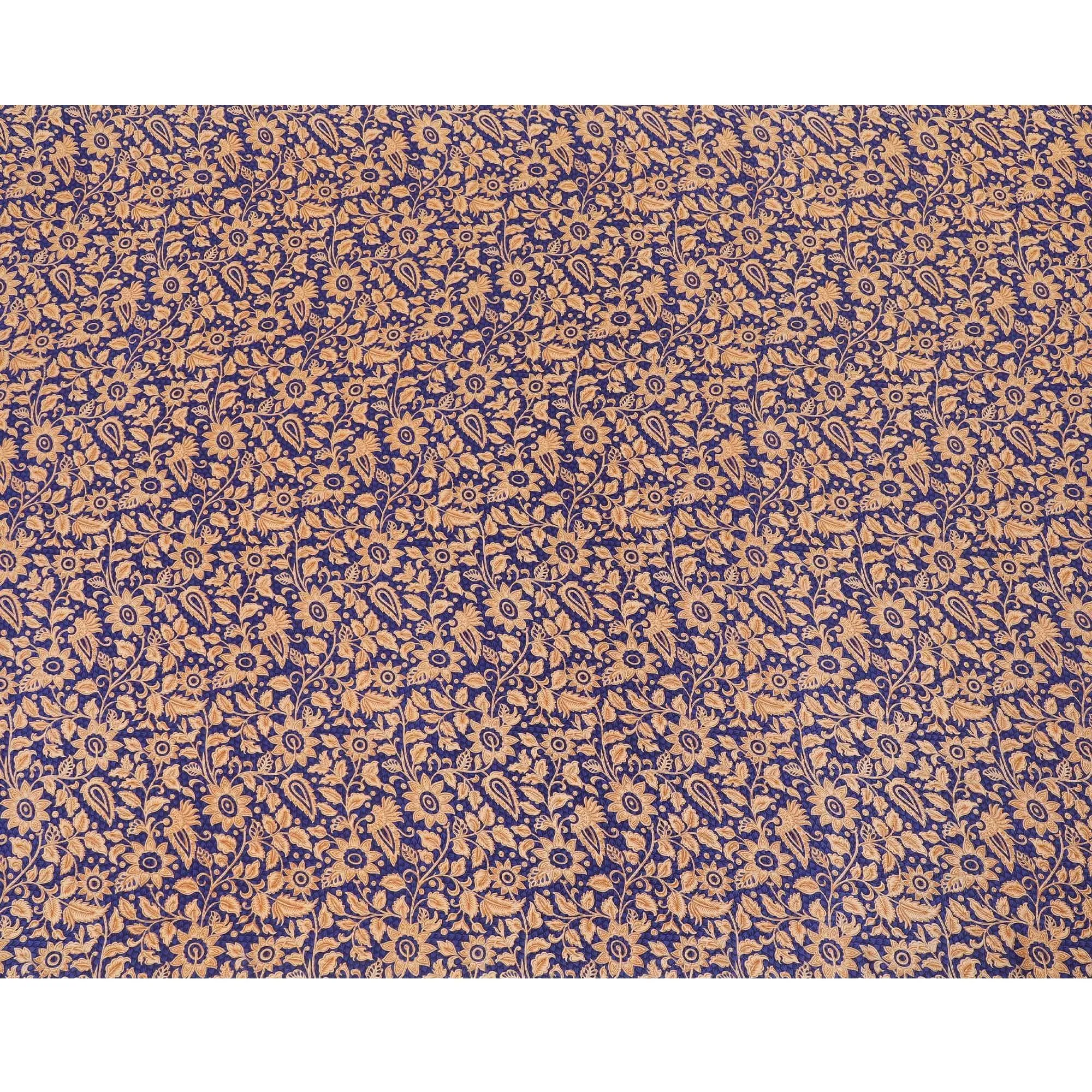 Royal blue silk crepe fabric with beige and light brown print in floral design-D8410