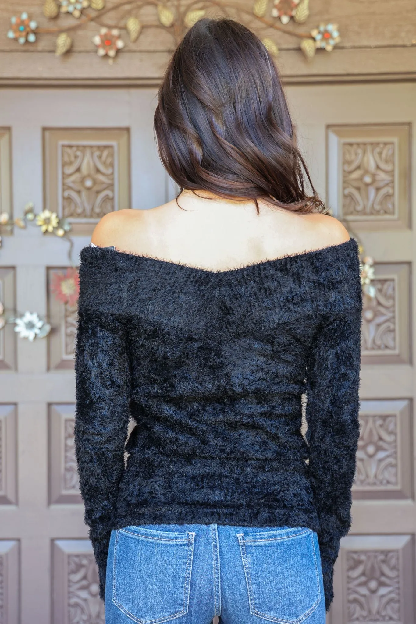 Scala Seamless Black Furry Long Sleeve Off The Shoulder Sweater