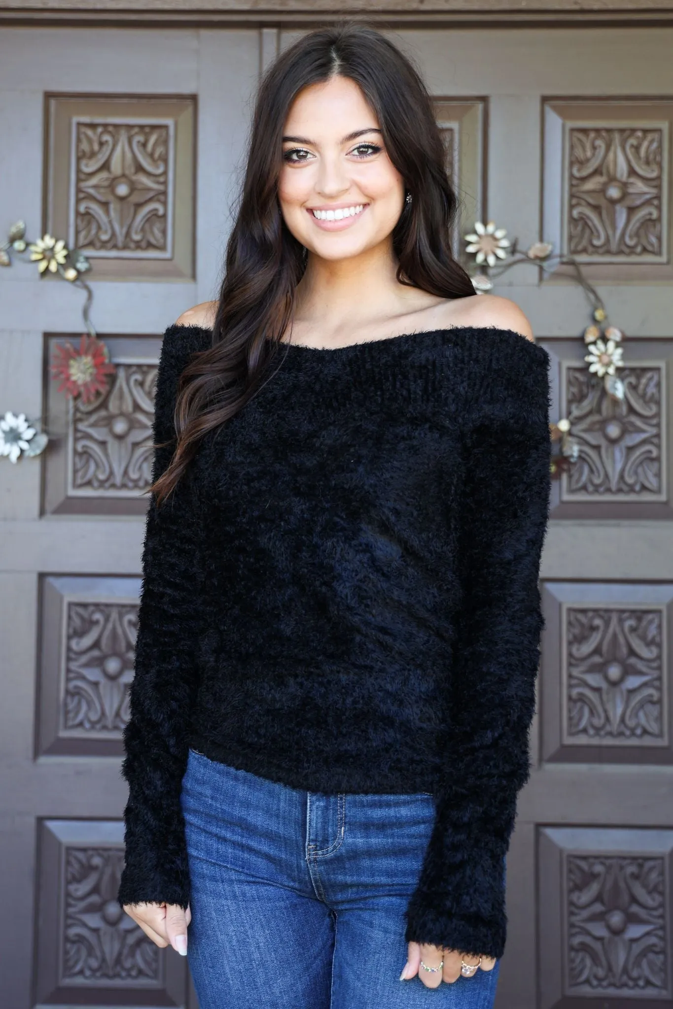 Scala Seamless Black Furry Long Sleeve Off The Shoulder Sweater