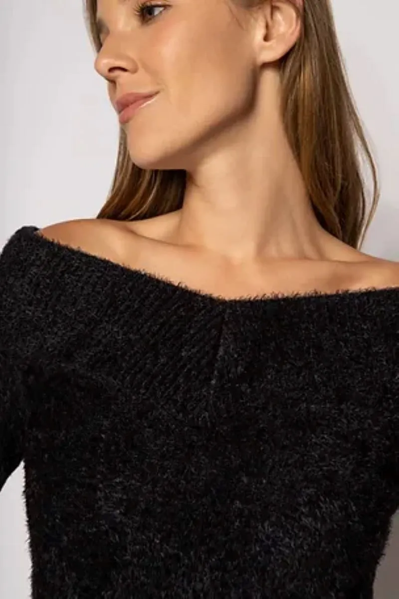 Scala Seamless Black Furry Long Sleeve Off The Shoulder Sweater