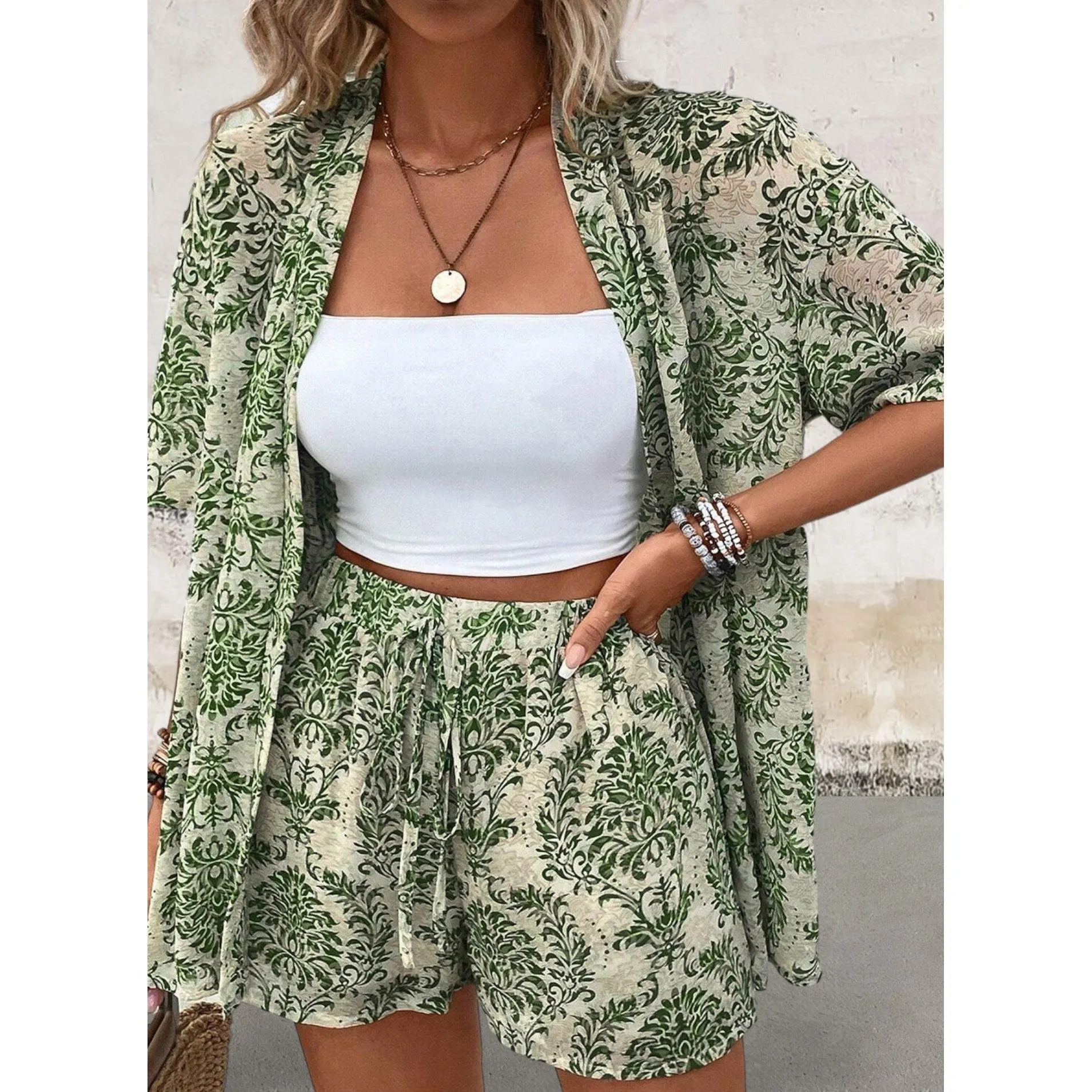 Short Sleeve Floral Print Open Top and Shorts Set