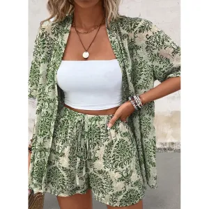 Short Sleeve Floral Print Open Top and Shorts Set