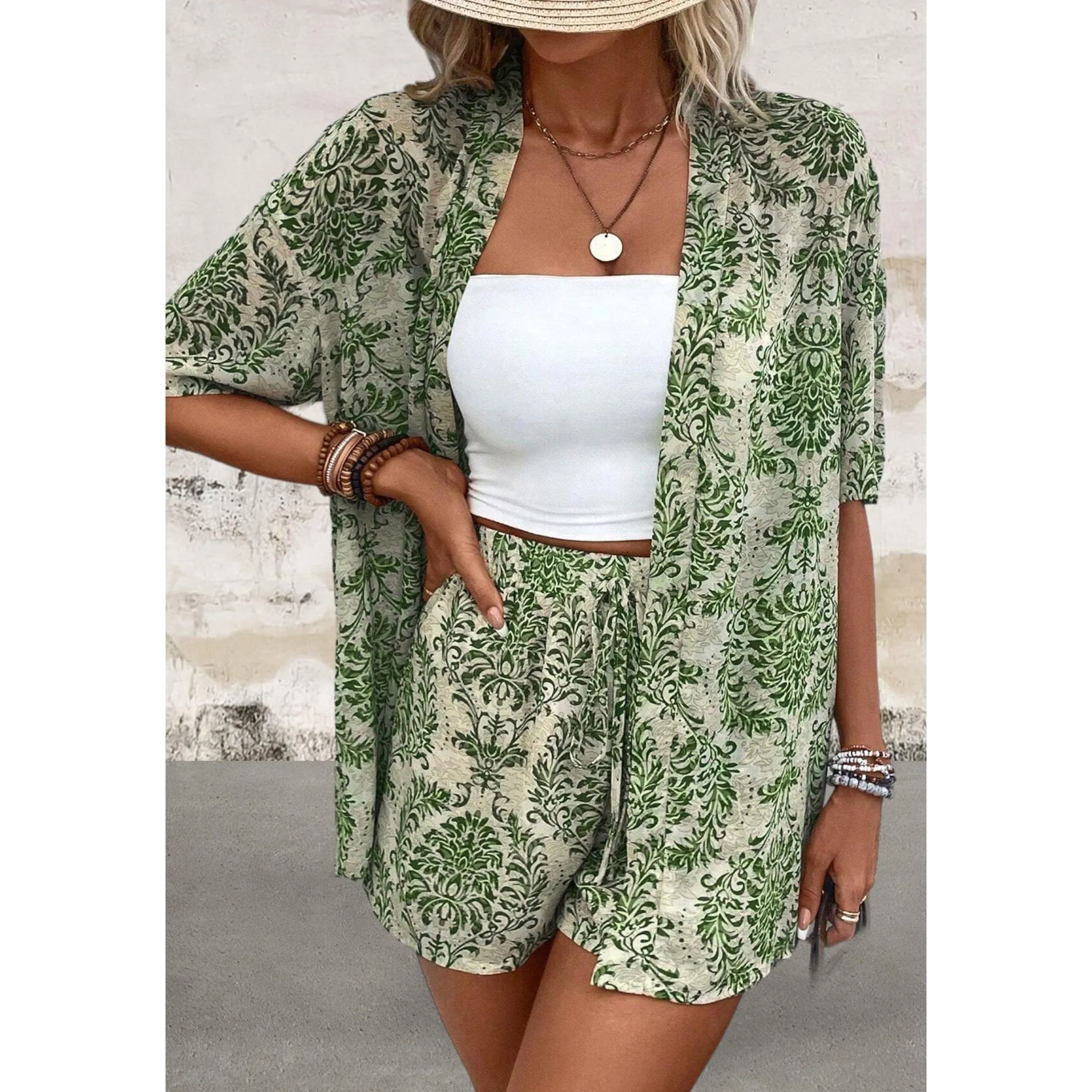 Short Sleeve Floral Print Open Top and Shorts Set