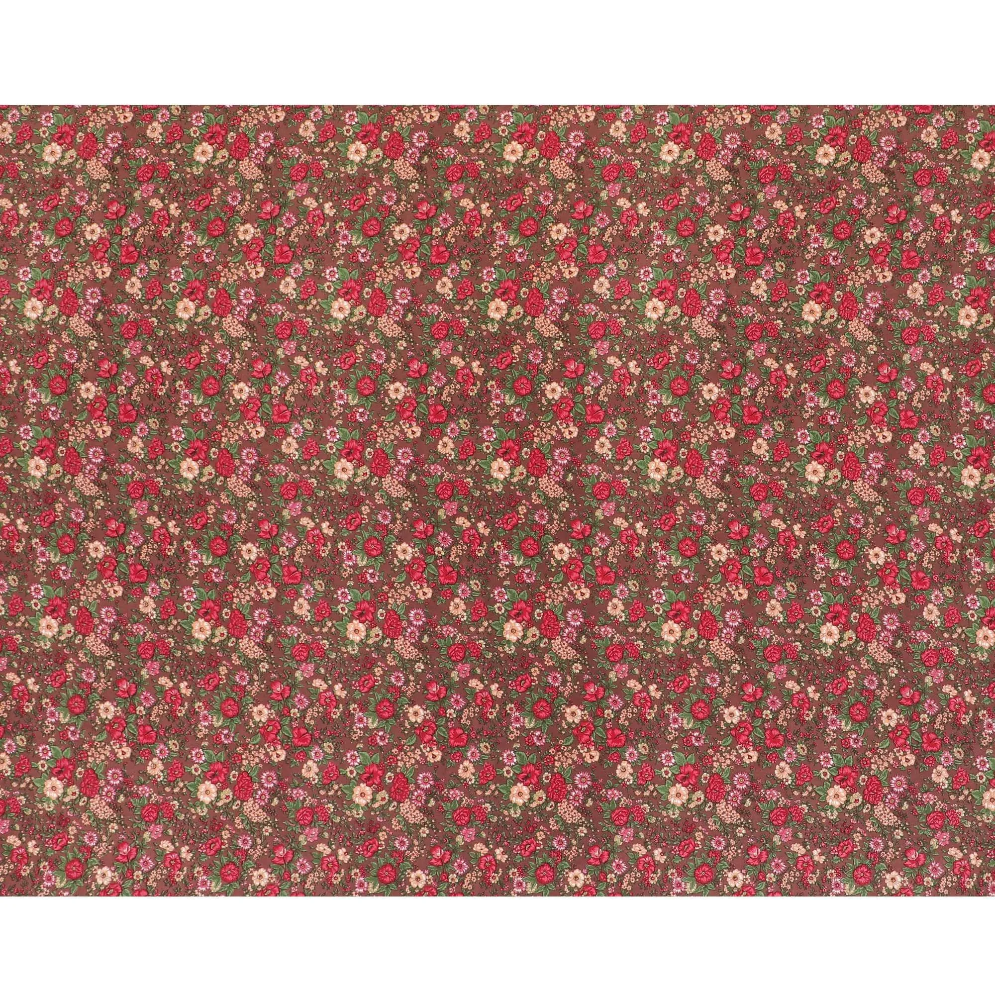 Sienna Brown silk crepe fabric with forest green, magenta pink and peach print in floral design-D8403