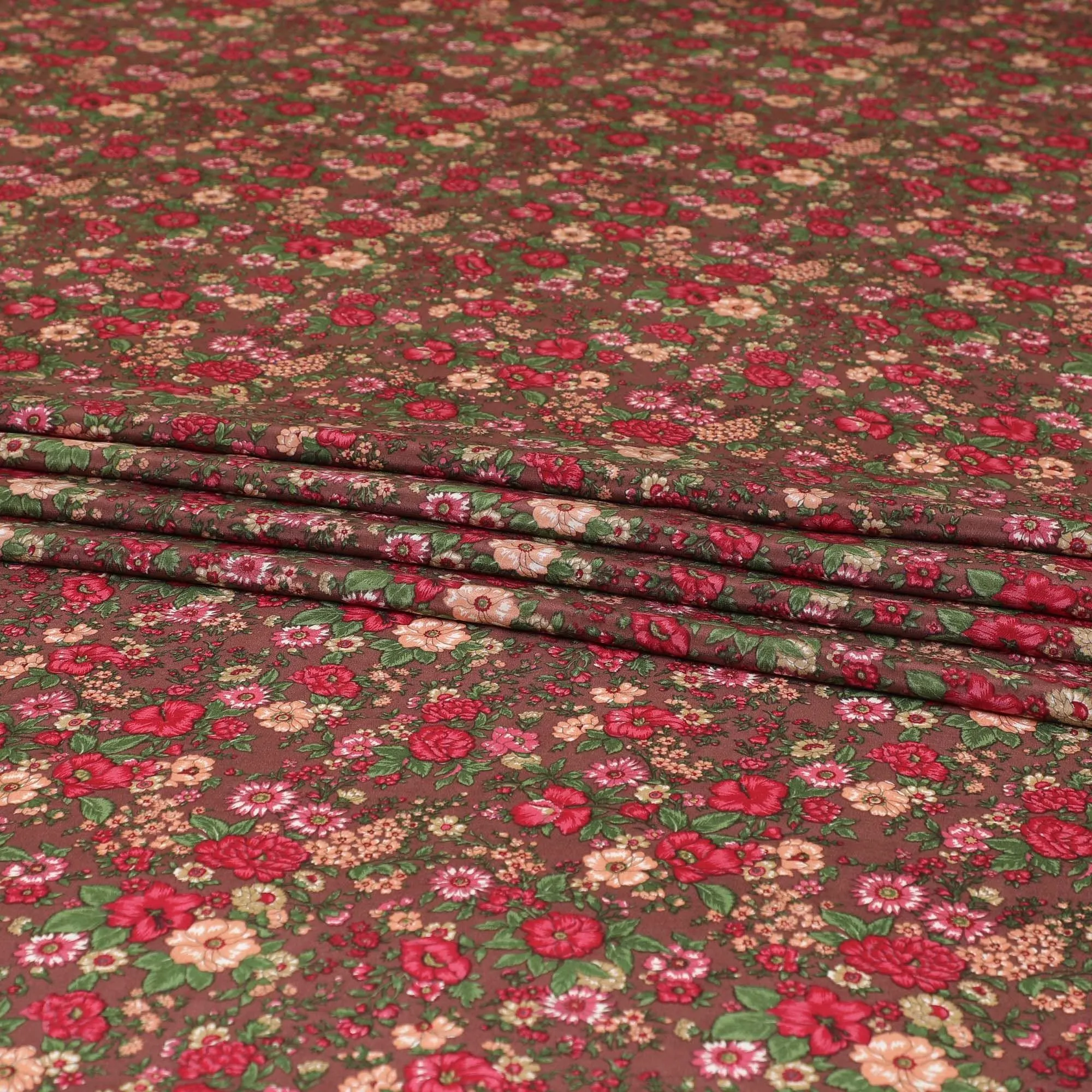 Sienna Brown silk crepe fabric with forest green, magenta pink and peach print in floral design-D8403