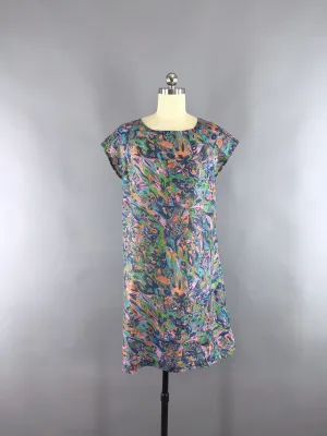 Silk Dress / Vintage Indian Silk Sari Dress / Blue Abstract Novelty Print  / XXS